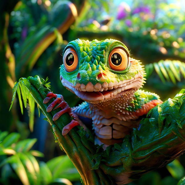 A classic Pixar-style scene featuring an incredibly adorable gecko with an irresistibly cute face, perched on a leafy branch in a vibrant jungle with birds, a waterfall, and a rainbow.