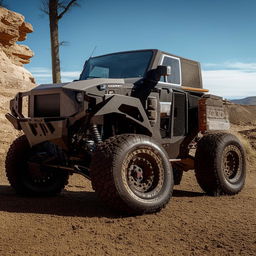 A rough-terrain truck designed to navigate challenging landscapes, showcasing its rugged build, large tires, and durable design.