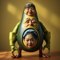 A bizarre creature featuring the torso of a ripe avocado, legs resembling fresh cucumbers, and sturdy arms that resemble those of a muscular man