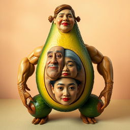 A bizarre creature featuring the torso of a ripe avocado, legs resembling fresh cucumbers, and sturdy arms that resemble those of a muscular man