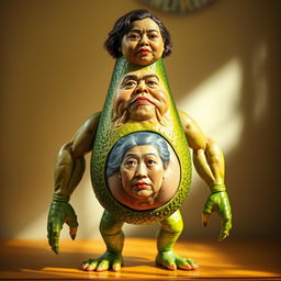 A bizarre creature featuring the torso of a ripe avocado, legs resembling fresh cucumbers, and sturdy arms that resemble those of a muscular man
