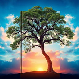A visually striking book cover design featuring a majestic tree as the central element, its branches and leaves sprawling elegantly