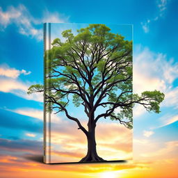 A visually striking book cover design featuring a majestic tree as the central element, its branches and leaves sprawling elegantly