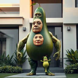 A realistic depiction of a surreal creature featuring the torso of a ripe avocado, cucumber-like legs, and muscular arms resembling those of a man
