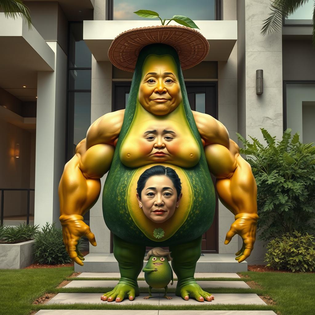 A realistic depiction of a surreal creature featuring the torso of a ripe avocado, cucumber-like legs, and muscular arms resembling those of a man