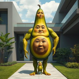 A realistic depiction of a surreal creature featuring the torso of a ripe avocado, cucumber-like legs, and muscular arms resembling those of a man