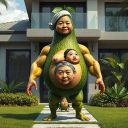 A realistic depiction of a surreal creature featuring the torso of a ripe avocado, cucumber-like legs, and muscular arms resembling those of a man