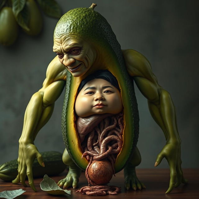 A highly realistic and surreal creature featuring the torso of a ripe avocado, cucumber-like legs, and muscular arms resembling those of a man