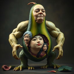 A highly realistic and surreal creature featuring the torso of a ripe avocado, cucumber-like legs, and muscular arms resembling those of a man