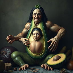 A highly realistic and surreal creature featuring the torso of a ripe avocado, cucumber-like legs, and muscular arms resembling those of a man