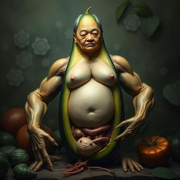 A highly realistic and surreal creature featuring the torso of a ripe avocado, cucumber-like legs, and muscular arms resembling those of a man