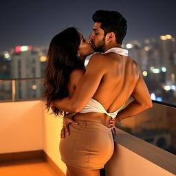 A sensual scene featuring an attractive woman, inspired by Nushrath Bharucha, wearing a stylish short skirt and bold red lipstick