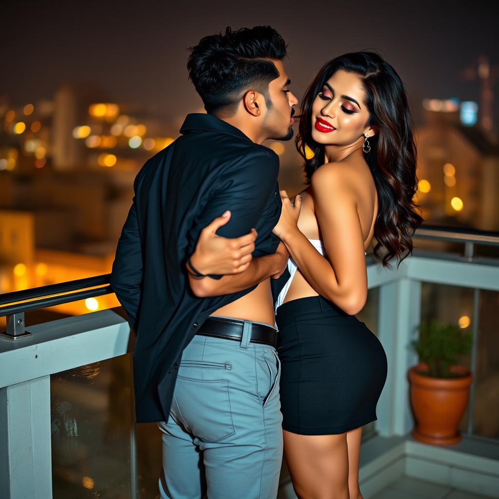 A sensual scene featuring an attractive woman, inspired by Nushrath Bharucha, wearing a stylish short skirt and bold red lipstick