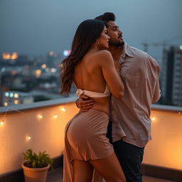 A sensual scene featuring an attractive woman, inspired by Nushrath Bharucha, dressed in a short loose skirt and striking red lipstick