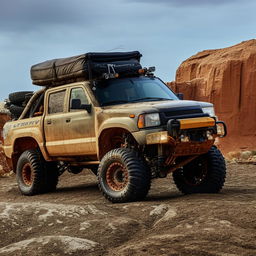 A rough-terrain truck designed to navigate challenging landscapes, showcasing its rugged build, large tires, and durable design.