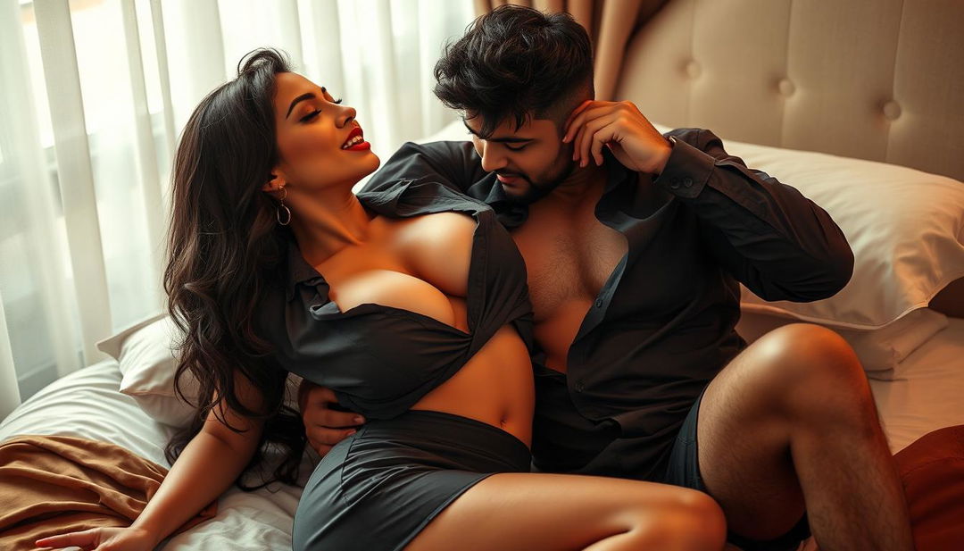 A sensual scene featuring an attractive woman, inspired by Nushrath Bharucha, wearing a stylish short skirt and bold red lipstick