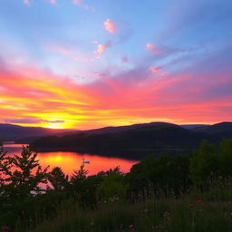 A serene landscape showcasing a vibrant sunset over a calm lake
