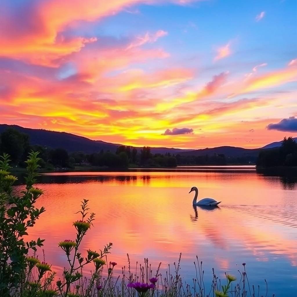 A serene landscape showcasing a vibrant sunset over a calm lake