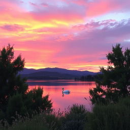 A serene landscape showcasing a vibrant sunset over a calm lake