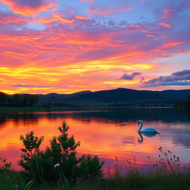 A serene landscape showcasing a vibrant sunset over a calm lake