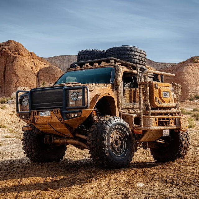 A rough-terrain truck, built to withstand harsh landscapes, highlighting its rugged design, large tires, and sturdy construction.