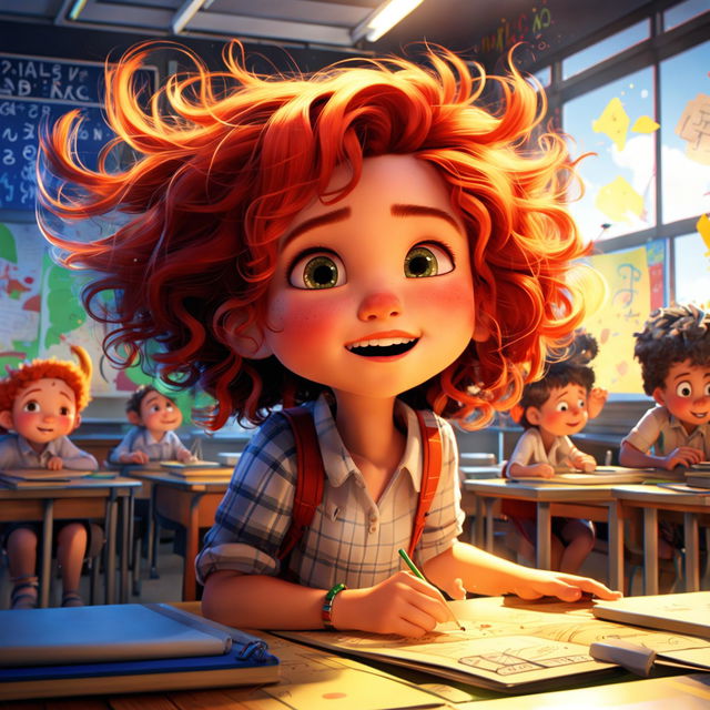 Pixar-style animation of a vibrant classroom scene featuring a lively little girl with wild red hair and freckles, radiating happiness and curiosity.