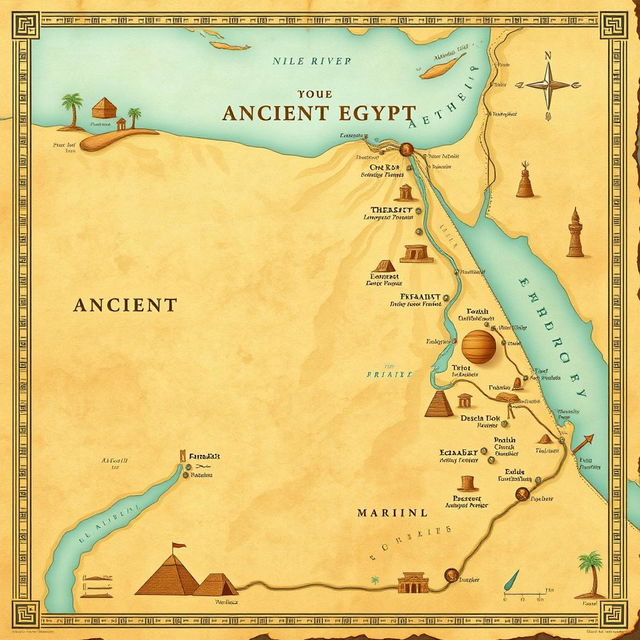 An ancient Egypt map, showcasing detailed geographical features, including the Nile River prominently flowing through the landscape