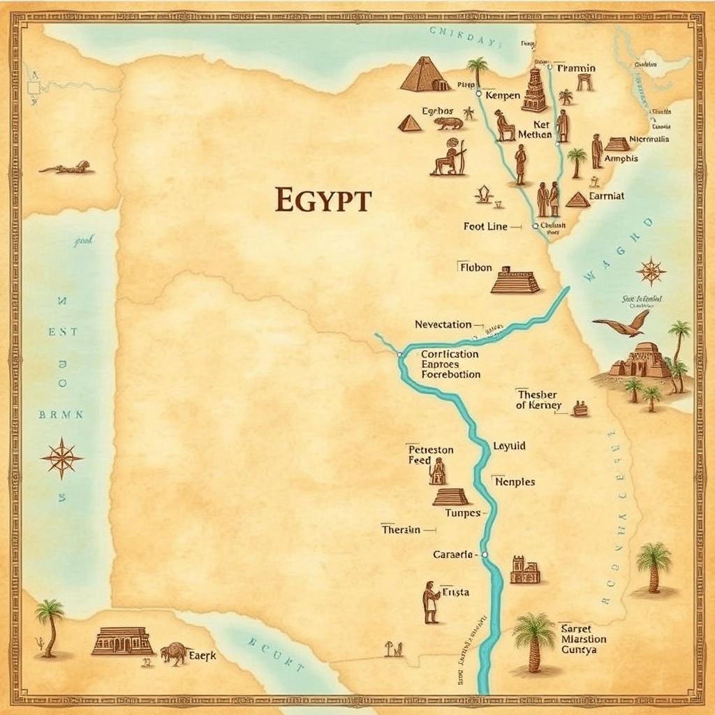 An ancient Egypt map, showcasing detailed geographical features, including the Nile River prominently flowing through the landscape