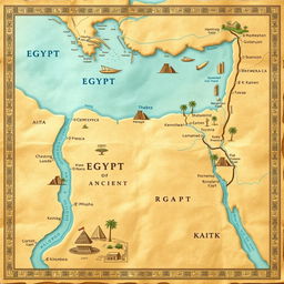 An ancient Egypt map, showcasing detailed geographical features, including the Nile River prominently flowing through the landscape