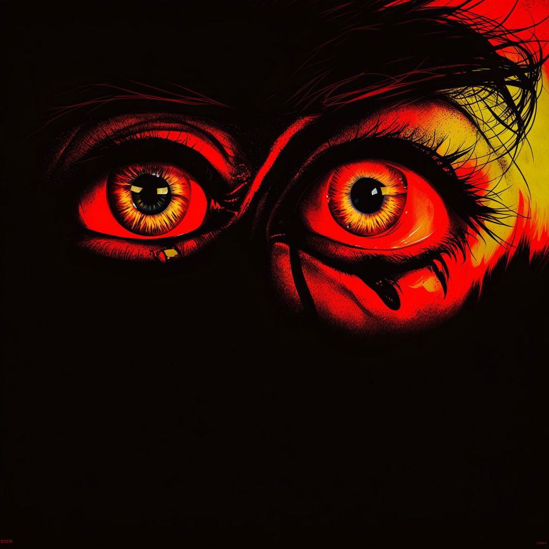 Intense close-up of malevolent glowing eyes in pitch-black darkness on a horror movie poster.