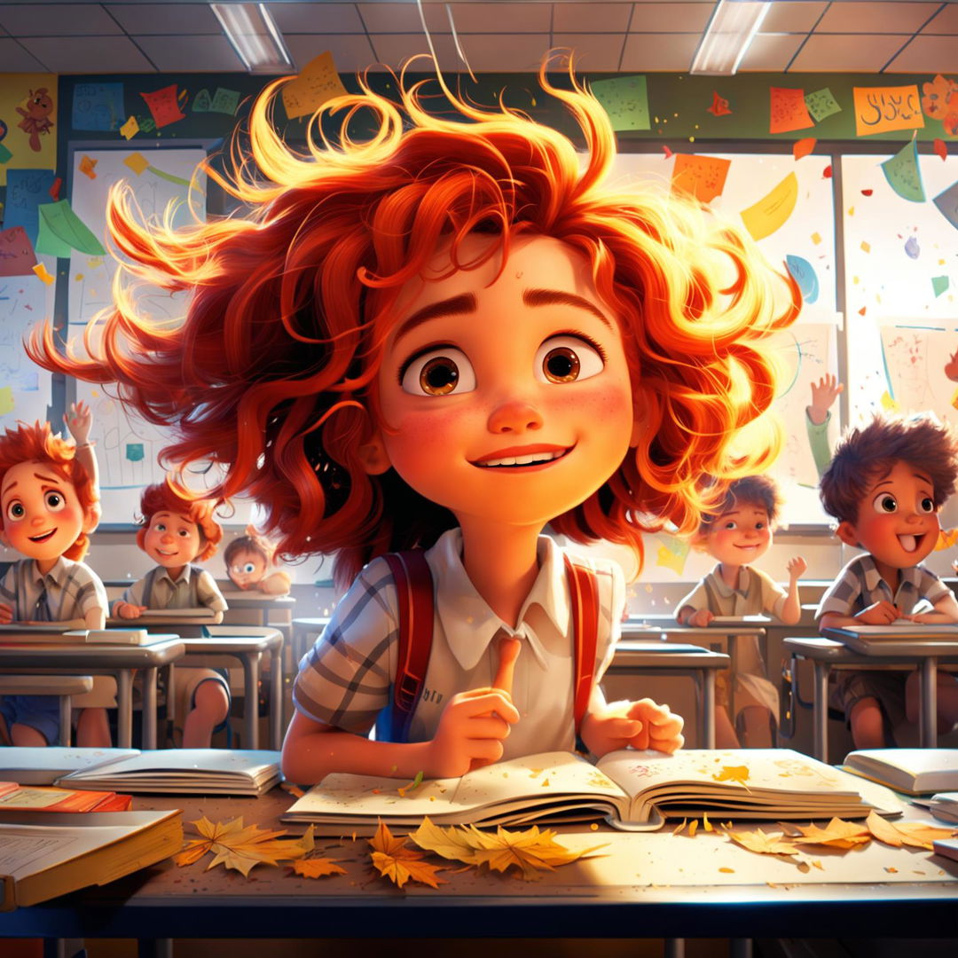 Classic Pixar animation of a vibrant classroom scene with a lively little girl with wild red hair and freckles, embodying the essence of childhood wonder and joy.