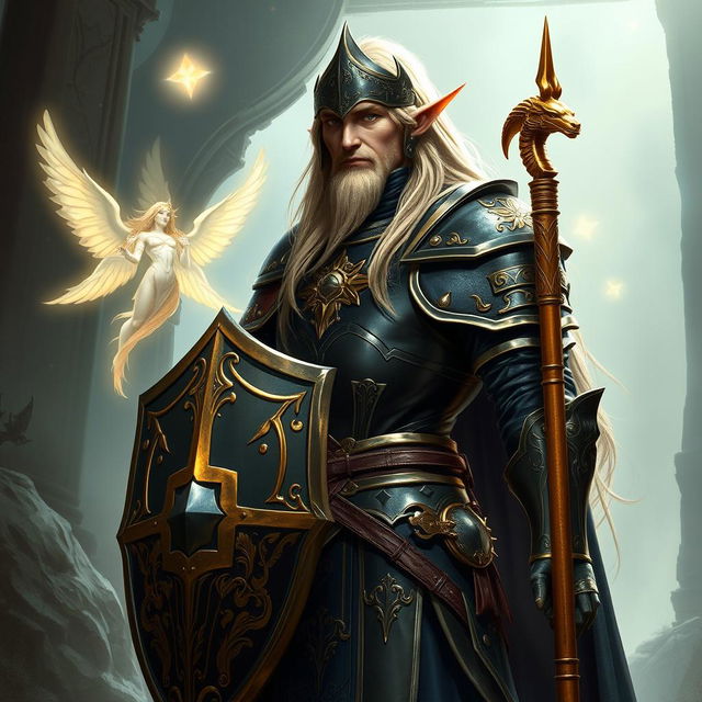 A tall, male high elf with long blonde hair, standing confidently in a fantasy realm