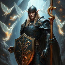 A tall, male high elf with long blonde hair, standing confidently in a fantasy realm