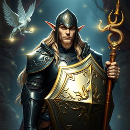A tall, male high elf with long blonde hair, standing confidently in a fantasy realm