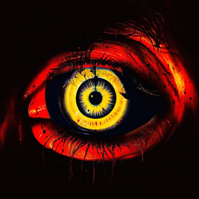 A horror movie poster featuring an intense close-up of a blood-red evil eye against a black background.