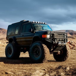 A rough-terrain truck, built to withstand harsh landscapes, highlighting its rugged design, large tires, and sturdy construction.