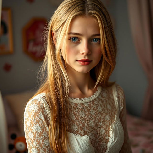 A 19-year-old female character with slender, straight blonde hair that cascades elegantly, her enchanting beauty makes her appear five years younger