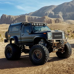 A rough-terrain truck, built to withstand harsh landscapes, highlighting its rugged design, large tires, and sturdy construction.