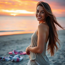 A confident young woman standing on a beach at sunset, her long hair gently blowing in the wind