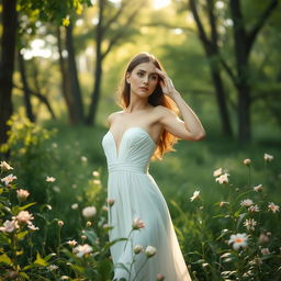 A serene landscape featuring an elegant woman posed gracefully in a natural setting, embracing her connection to nature