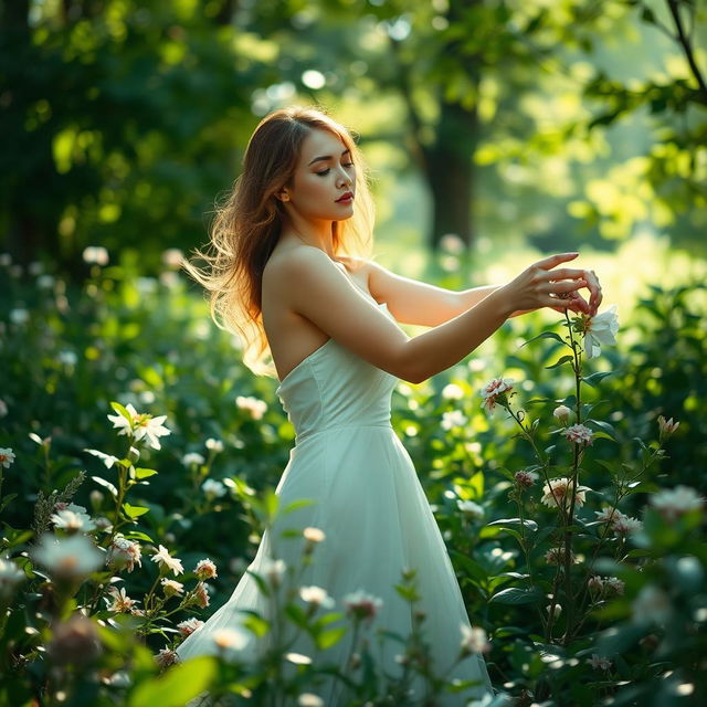 A serene landscape featuring an elegant woman posed gracefully in a natural setting, embracing her connection to nature