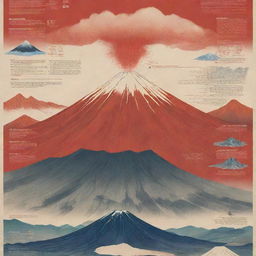 A visually striking educational poster of Mt. Fuji to show its iconic conical silhouette in a Japanese landscape setting. The poster features distinct sections like 'Specific Locations', 'Type of Magma', 'Type of Eruptions', 'Formation', 'Effects of Eruptions' embellished with diagrams, infographics, and images. The color palette reflects volcanic hues like red and orange, and includes data boxes for context and facts.