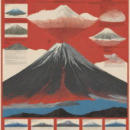 A visually striking educational poster of Mt. Fuji to show its iconic conical silhouette in a Japanese landscape setting. The poster features distinct sections like 'Specific Locations', 'Type of Magma', 'Type of Eruptions', 'Formation', 'Effects of Eruptions' embellished with diagrams, infographics, and images. The color palette reflects volcanic hues like red and orange, and includes data boxes for context and facts.