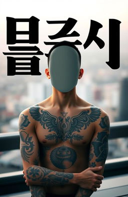 A faceless Asian tattooed man with intricate body art, in a stylish and urban setting