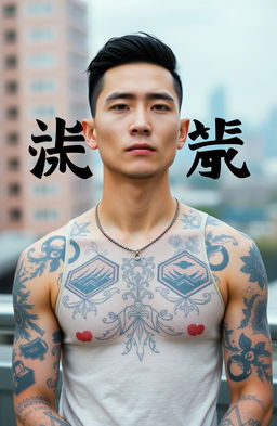 A faceless Asian tattooed man with intricate body art, in a stylish and urban setting