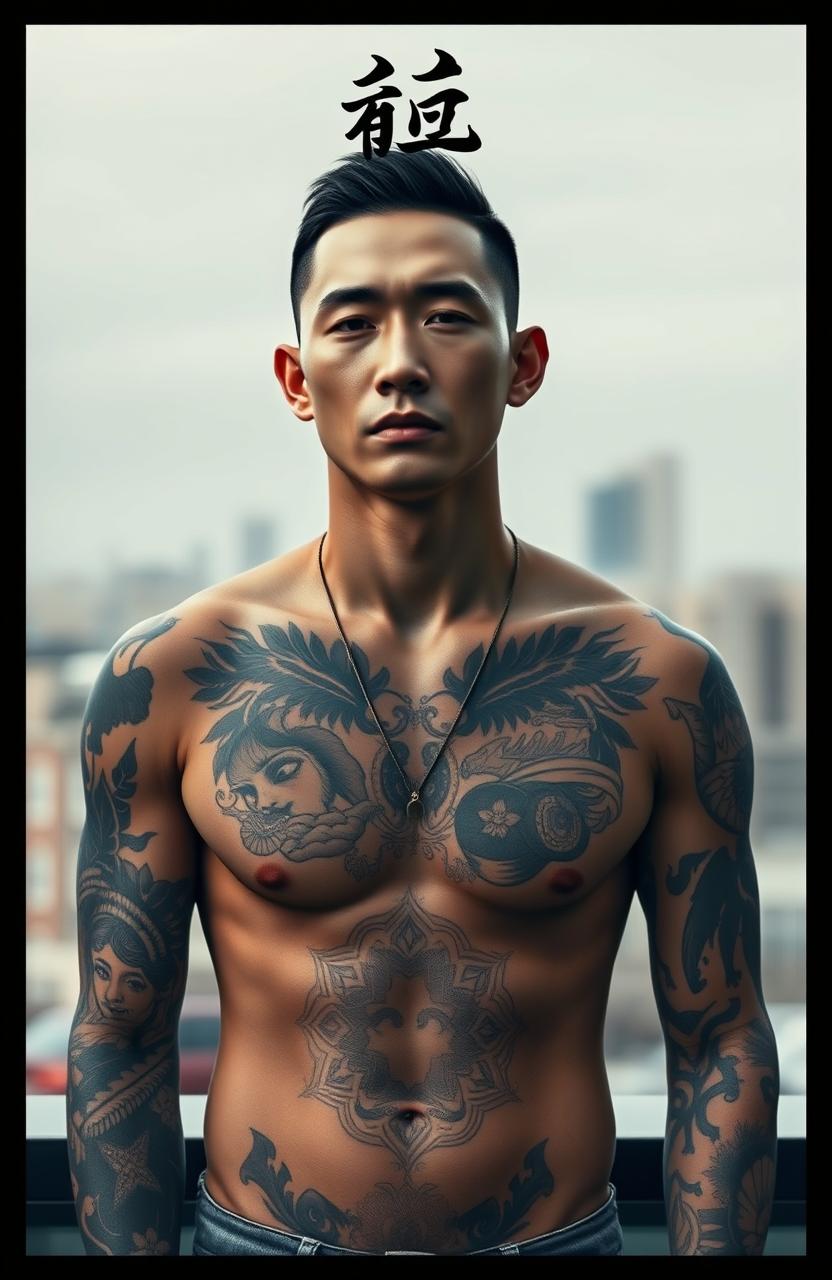 A faceless Asian tattooed man with intricate body art, in a stylish and urban setting