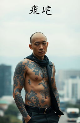 A faceless Asian tattooed man with intricate body art, in a stylish and urban setting