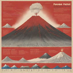 A visually striking educational poster of Mt. Fuji to show its iconic conical silhouette in a Japanese landscape setting. The poster features distinct sections like 'Specific Locations', 'Type of Magma', 'Type of Eruptions', 'Formation', 'Effects of Eruptions' embellished with diagrams, infographics, and images. The color palette reflects volcanic hues like red and orange, and includes data boxes for context and facts.