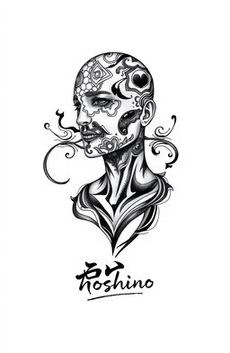 A tattoo design featuring a man without a face, showcasing intricate patterns and abstract shapes