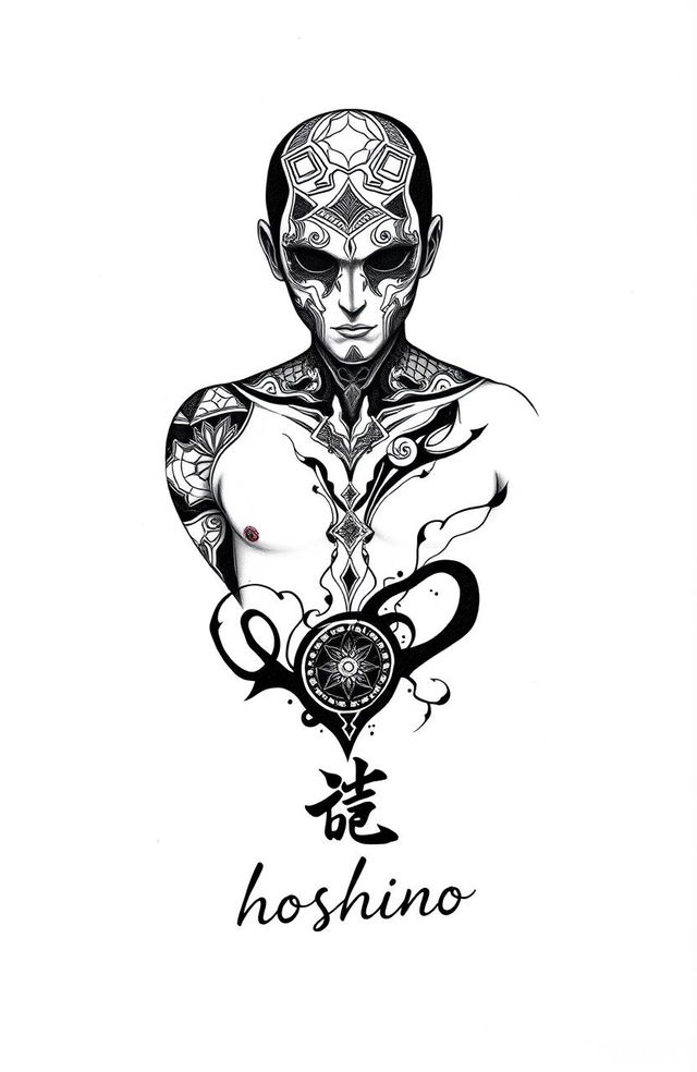 A tattoo design featuring a man without a face, showcasing intricate patterns and abstract shapes